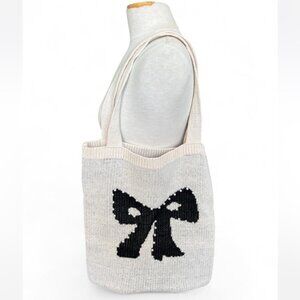 SHEIN Cotton Shoppers Tote-Cream/Black Bow with Pearls Crocheted/Knit bag